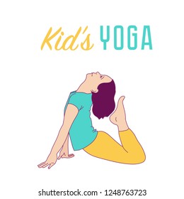 Vector line illustration of kid doing yoga. Girl in yoga posture. Kid's yoga logo.