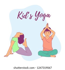 Vector line illustration of kids doing yoga. Kids in yoga postures. 