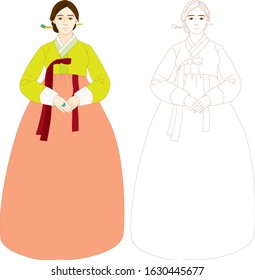 The Vector Line Illustration of a Korean Woman in Hanbok