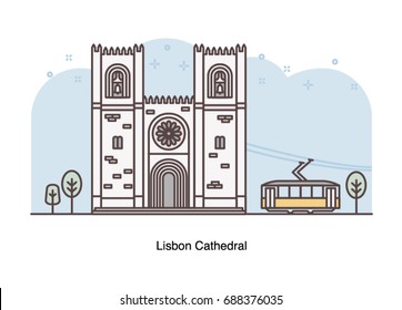 Vector line illustration of Lisbon Cathedral, Portugal.