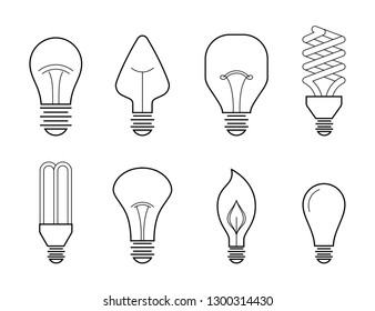 Ilustración de la línea de vectores de los principales tipos de iluminación eléctrica: bombilla incandescente, lámpara halógena, lámpara cfl y de plomo. Colección de iconos planos.