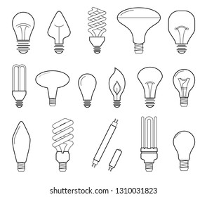Vector line illustration of main electric lighting types: incandescent light bulb, halogen lamp, cfl and led lamp. Flat icon collection.