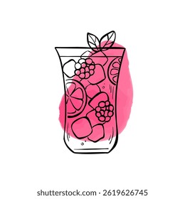 Vector line illustration of mocktail. Non-alcoholic cocktail with fruits and ice isolated on a white background. Outline drawing for logo, bar menu, poster, or advertisement.