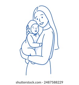 Vector line illustration of mother and infant