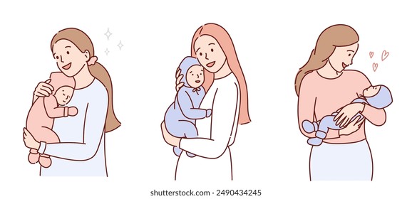 Vector line illustration of mother and infant