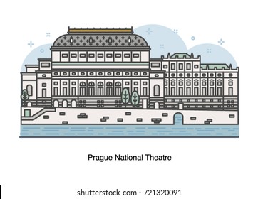 Vector line illustration of The National Theatre, Prague, Czech Republic.