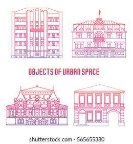 Vector line illustration of objects of urban space. The facades of the buildings in the classical style. Advertisements, brochures, business templates. Isolated on a white background