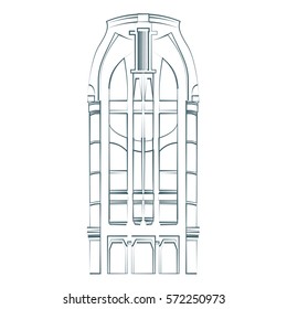 Vector line illustration of objects of urban space. The facades of the buildings in the classical style. Advertisements, brochures, business templates. Isolated on a white background