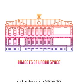 Vector line illustration of objects of urban space. The facades of the buildings in the classical style. Advertisements, brochures, business templates. Isolated on a white background