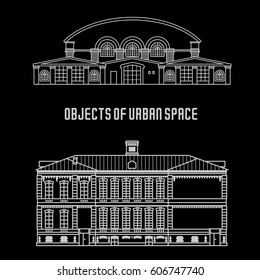 Vector line illustration of objects of urban space. The facades of the buildings in the classical style. Advertisements, brochures, business templates. Isolated on a color background