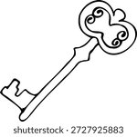 Vector line illustration of an old key isolated on a white background.