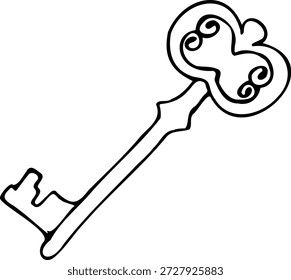 Vector line illustration of an old key isolated on a white background.