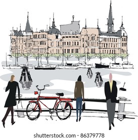 Vector line illustration of people walking beside historic buildings on Stockholm harbor, Sweden.