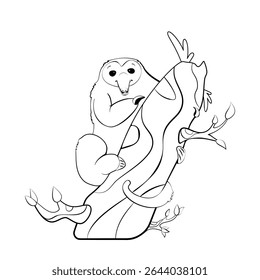 Ilustração em linha de vetor com tamanduá pigmeu em uma árvore sobre um fundo branco.