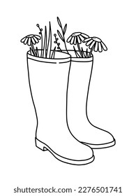 Vector Line illustration of rubber boots with daisies inside.