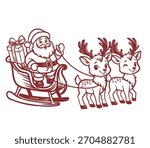 Vector line illustration of Santa Claus riding a sleigh with gifts pulled by two cute reindeer. Festive Christmas outline design perfect for holiday cards, decor, stickers and seasonal projects.