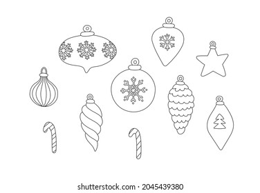 Ilustración vectorial de bolas de navidad con ornamento de copo de nieve. Buques dibujados a mano aislados en un fondo blanco