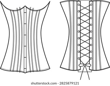 Vector line illustration showing the front busk closure and back lacing structure of a classic corset, ideal for fashion design, sewing patterns, and lingerie industry use. The flat sketch highlights boning channels, stitching lines, and crisscross lacing detail for technical reference.
