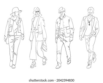 Vector line illustration of smiling men and women walking leisurely in jackets and pants.
