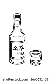 Vector line illustration of 'Soju' with a soju glass. soju is a clear, colorless distilled beverage of Korean origin. The letters written on the label mean soju.