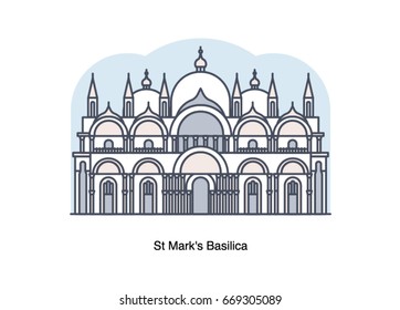 Vector Line Illustration Of St Mark's Basilica (Basilica Of Saint Mark), Venice, Italy