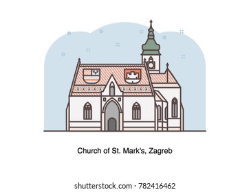 Vector line illustration of St. Mark's Church, Zagreb, Croatia.