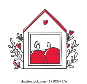 Vector line illustration Stay home. Cute house with flowers and a senior couple. Grandparents staying at home in the quarantine period. Self-isolation for elderly people during Coronavirus outbreak.