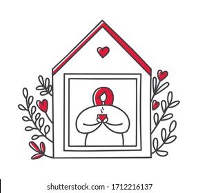 Vector line illustration Stay at home. Cute house with flowers and a girl with a cup. Woman staying home in the quarantine period. Self-isolation for adults during Coronavirus outbreak.
