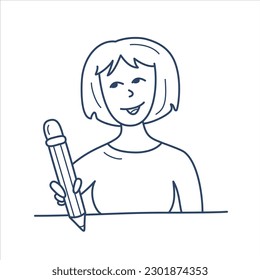 Vector line illustration of a student with a pensil.