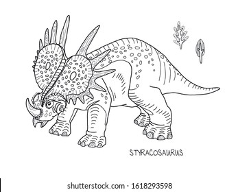 Vector line illustration with styracosaurus. Сoloring book page illustration with dinosaurs