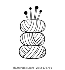 Vector line illustration of three balls of wool yarns with knitting needles isolated on a white background. Hand-drawn clip art of knitwork elements for logo, print, web, or poster design.
