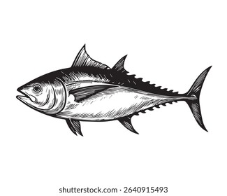 Vector line illustration of tuna fish in black and white