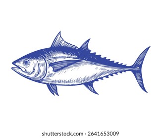 Vector line illustration of a tuna fish in blue color