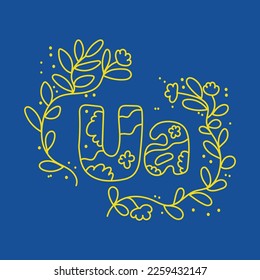 Vector line illustration with Ua simbol and leaves and flowers. Handrawn illustration for print on demand. Simple logo to support Ukraine