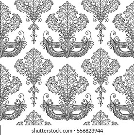 vector, line, illustration, vintage, seamless pattern, mask, feathers, masquerade, holiday, Mardi Gras, design element, coloring page, packaging