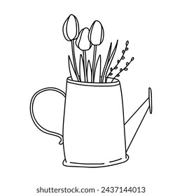 Vector Line illustration of watering can with tulips inside. Spring illustration for printing on postcards, covers of diaries and other printed products.