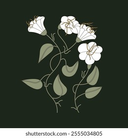 Vector line illustration of white Angel's trumpet flowers. Floral wreath. Botanical floral card