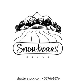Vector line illustration of winter sports. Skiing, snowboarding. A sketch of the landscape. Snowboard logo lettering.