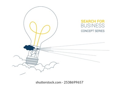 Vector Line Illustration of a Woman flying on a Light Bulb-like flying balloon, scouting the sky with a binocular. Concept of financial or business looking ahead idea