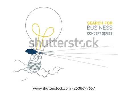 Vector Line Illustration of a Woman flying on a Light Bulb-like flying balloon, scouting the sky with a binocular. Concept of financial or business looking ahead idea