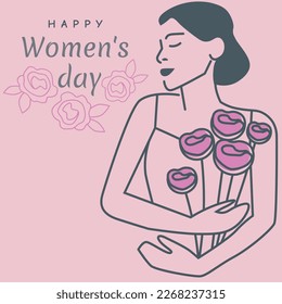 Vector line illustration for Women's Day depicting a girl with short hair holding a bouquet of pink flowers on a pastel pink background.