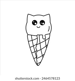 Vector line illustrationof a cute ice cream cone in the form of a cat.
