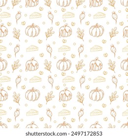 Vector line illustrations of autumn seamless pattern, leaves, pumpkin pattern with leaves. Cute freehand drawings to create a poster, card, wallpaper.