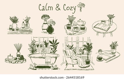 Vector line illustrations capturing calm and cozy home life, featuring plants, tea corners, books, candles, and quiet moments	