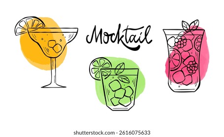 Vector line illustrations with different type of mocktails. Non-alcoholic cocktails with fruits and ice isolated on a white background. Minimalistic art for logo, bar menu, poster, or web banner.