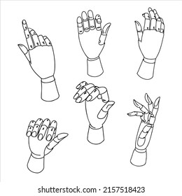 Vector line illustrations of a hand model on white background. A wooden hand model from different angles will help to correctly convey the proportions and perspective of the hand.