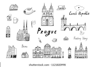 Vector line illustrations set of Prague, Czech republic travel landmarks 