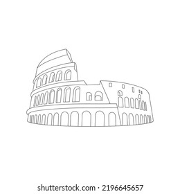 Vector Line Illustratration Of Coliseum Monument Silhouette Isolated On White Background. Symbol Of Rome