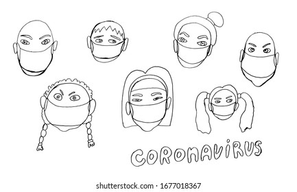 Vector line image of people wearing medical masks protecting themselves from the virus. Coronavirus covid-19 epidemic. Flash of influenza. Crowd of people.