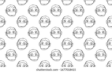 Imagen vectorial de personas que usan máscaras médicas para protegerse del virus. La epidemia de coronavirus covid-19 se mantiene sin fisuras. Flash de influenza. Multitud de personas.